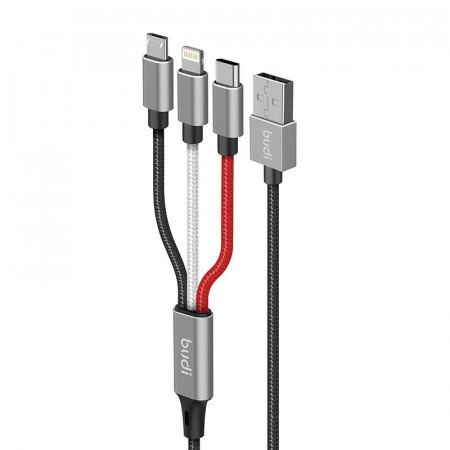 Cablu USB 3 în 1 la Lightning / USB-C / Micro USB Budi 2.4A, 1m, impletit (negru)