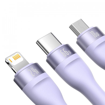 Cablu USB 3 in 1 Seria Baseus Flash II, USB-C + micro USB + Lightning, 66 W, 1,2 m (Violet) - Img 2