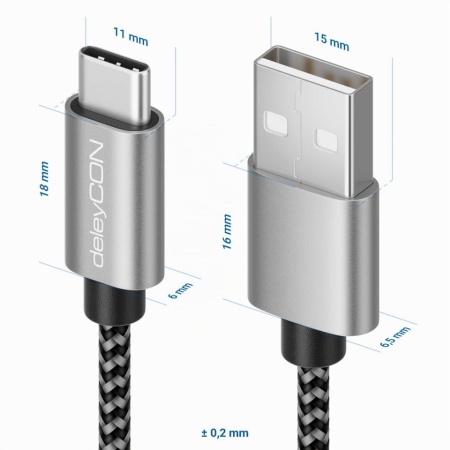 Cablu USB-C la USB-C deleyCON 2 m, Împletitură din Nailon, Conectori Metalici, Încărcare Rapidă și Sincronizare Date, pentru Smartphone și Tablete - Img 5
