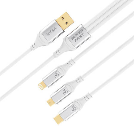 Cablu USB Vipfan X15 3-în-1 USB-C / Lightning / Micro 66W 1,2 m, placat cu aur (alb)