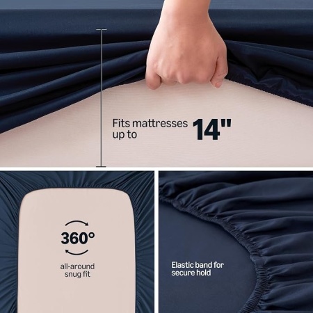 Cearșaf de pat Typec Home cu elastic King (180x200 cm), buzunar adânc 35 cm, microfibră moale și respirabilă, rezistent și fără șifonare, Albastru Marin - Img 2