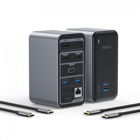 Choetech 15in1 HUB multifunctional USB Type C PD 100W - 4x USB 3.2 Gen1 (USB 3.0) / 4x USB Type C / 3x HDMI 4K / 1x VGA 1080p / 1x RJ45 1Gbps / 1x mini mufa 3,5 mm DC / (H1UB- mini jack / M21)
