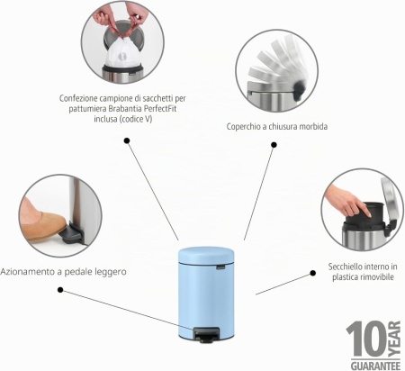 Coș de gunoi cu pedală Brabantia NewIcon, capacitate 5L, închidere silențioasă Soft-Close, găleată interioară detașabilă, Dreamy Blue (Albastru) - Img 10