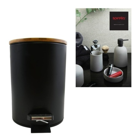 Coș de Gunoi cu Pedală pentru Baie Spirella ADONIS (Capacitate 3 L), Oțel Inoxidabil Negru Mat, Capac din Lemn de Bambus cu Închidere Lentă Easy-Close, Recipient Interior Detașabil, Ø 17 x 22.5 cm - Img 2