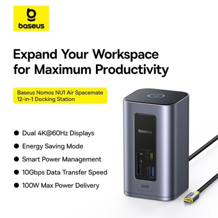 DOCKING STATION Baseus Spacemate RD1 12 in 1, input USB Type-C, output 2xHDMI 4K@60Hz, 2xUSB-C (10Gbps), 2xUSB-A (5Gbps), 2xUSB, 1xRJ45, card reader SD/micro SD, 1XUSB-C (PD), gri - Img 7