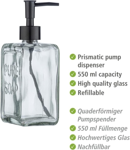 Dozator Reîncărcabil de Săpun Lichid din Sticlă Masivă 550 ml, Formă Cubică cu Muchii Verticale, Pompă Neagră Mată, Inscripție Pure Soap, pentru Baie și Bucătărie - Img 9
