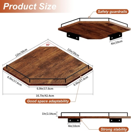 Etajeră de Colț Suspendată cu 2 Niveluri Typec Home (12 Inch / ~30 cm), Formă Hexagonală / Evantai cu Grilaj de Protecție și Orificiu pentru Cabluri, Lemn Rustic Maro și Suport Metalic - Img 5