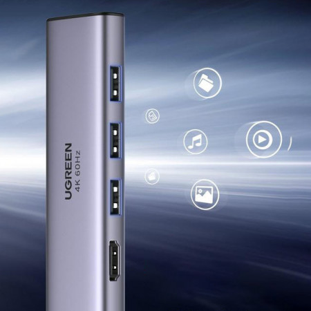 HUB multifunctional Ugreen USB tip C - 3x USB 3.2 Gen 1 / HDMI 4K 60Hz / cititor de carduri SD și TF gri (60383 CM511) - Img 2