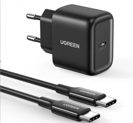 Incarcator de perete UGREEN CD250, 25 W, USB-C (negru) + cablu USB-C la USB-C, 2m (negru)