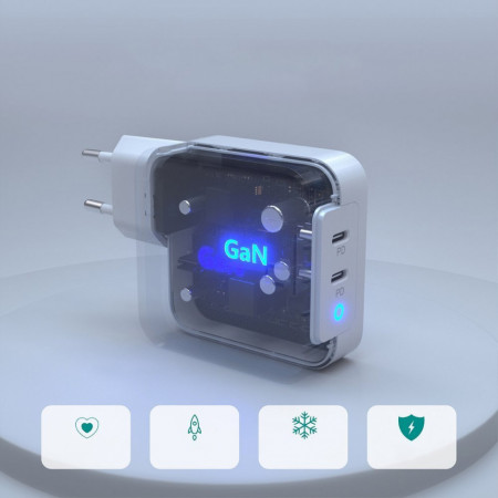 Incarcator priza Choetech GaN 2x USB Type C Power Delivery 3.0 QuickCharge 3.0 AFC 100W EU white (PD6008-EU) - Img 3