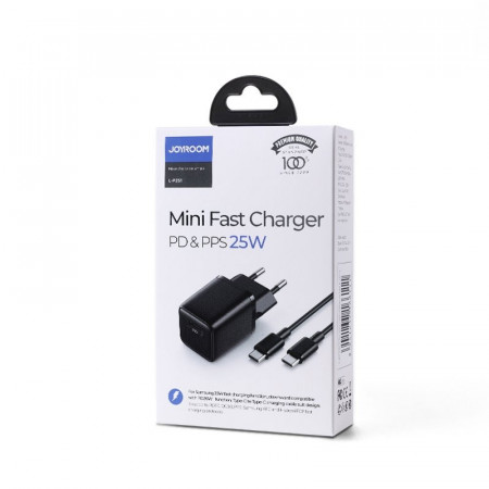 Incarcator retea Mini Joyroom L-P251, USB-C, 25W, 3A, Cablu USB-C la USB-C 1m inclus, Negru - Img 3