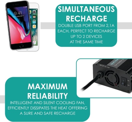 Invertor Auto 12V la 220V 300W OVERMUST, Priză AC 220V, 2 Porturi USB 2.1A, Ventilator Inteligent Silențios, Încărcare Simultană 3 Dispozitive, Protecție la Supratensiune și Scurtcircuit - Img 2