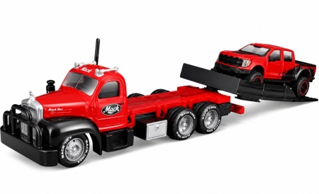 MAISTO DESIGN ELITE TRANSPORT SET CAMION CU RAMPA MACK B 61 FLATBED 1953 SI MASINUTA FORD F150 RAPTOR 2021 SCARA 1 LA 64 - Img 2