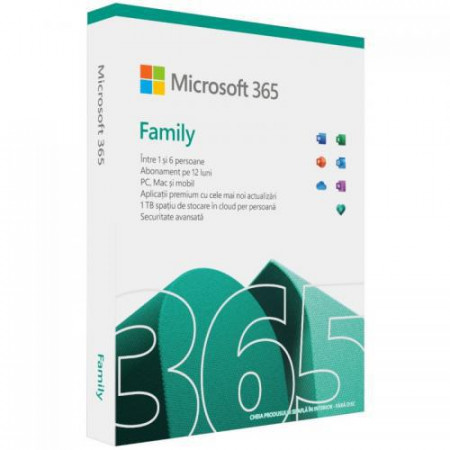 Microsoft® M365 Family, Engleza, subscriptie 1 an, 6 utilizatori, retail