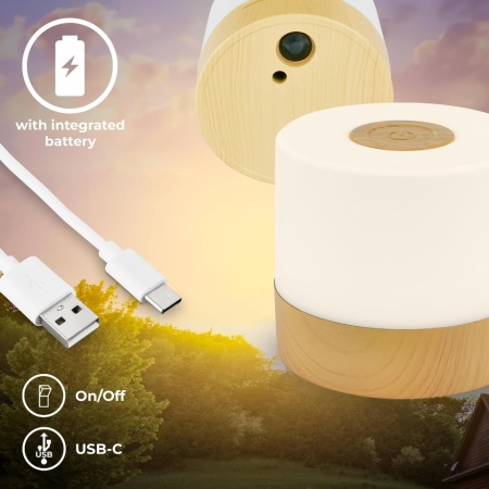 Mini Lampă LED de Masă Wireless IP44 cu Control Touch, Reglaj în 3 Trepte, Acumulator Reîncărcabil, USB-C, Aspect Lemn, 7 x 7 cm, Clasa G - Img 4