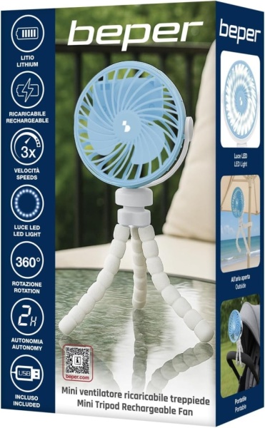 Mini Ventilator Portabil BEPER P206VEN431 cu Picioare Flexibile tip Trepied, Reîncărcabil USB-C, 3 Trepte de Viteză, Rotație 360°, Lumină LED Integrată, pentru Cărucior Copii, Mașină, Birou și Camping, Alb/Albastru - Img 3