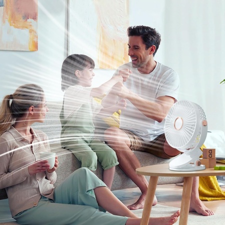 Mini Ventilator Typec Home Portabil cu Clemă și Lumină LED, Reîncărcabil USB, 5 Trepte de Viteză, Rotație 360°, pentru Birou, Casă și Noptieră, Alb - Img 2