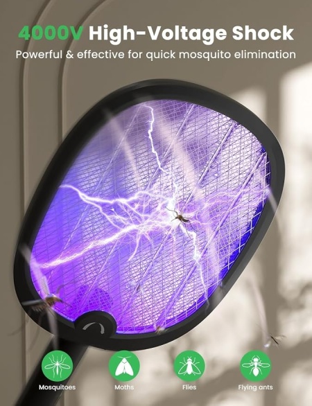 Paleta electrica anti-tantari si insecte 2 in 1 pliabila, lampa UV anti-insecte, acumulator reincarcabil 1800 mAh, zapper portabil pentru casa, terasa, curte si camping - Img 3