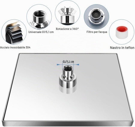 Pară de Duș Pătrată 10 Inch (25x25 cm), Oțel Inoxidabil 304, Efect de Ploaie de Înaltă Presiune, Sistem Anti-Calcar, Finisaj Argintiu Oglindă - Img 5