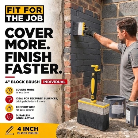 Pensulă pentru Zidărie "Block Brush" Fit For The Job 4 inch, Perete Exterior și Suprafețe Rugoase, Mâner Soft-Grip - Img 7