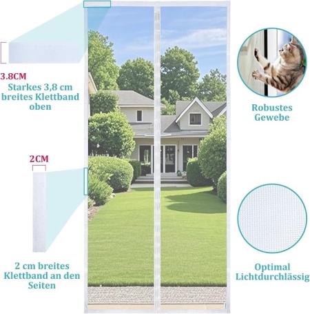 Plasă anti-insecte magnetică pentru ușă de balcon sau terasă, 155 x 215 cm, bandă arici extra lată 3,8 cm, închidere automată cu magneți puternici, montaj fără găurire, Alb - Img 3