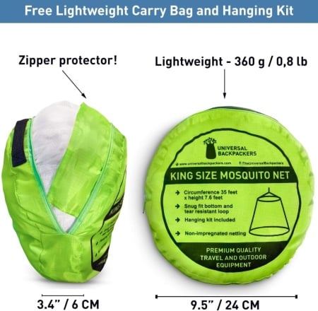 Plasă de Țânțari pentru Pat Dublu și Single Universal Backpackers, Fără Deschidere / Complet Închisă, Dimensiune XL (10.5 x 2.3 m), Montare Simplă cu 1 Punct, Plasă Albă Densă cu Bază Elastică, Sac de Transport Inclus - Img 4