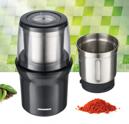 Rasnita electrica Heinner HCG-200DGIX2, rasnire umeda si uscata, 200 W, 70g, 2 recipiente, carcasa inox, Gri - Img 5