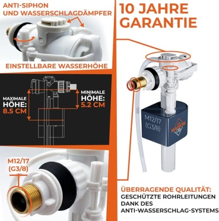 Robinet flotor alimentare rezervor WC LA MAISON SAB, racord lateral 3/8" (12/17 mm), alimentare orizontală silențioasă, presiune până la 21 Bar, certificat CE, Alb - Img 2