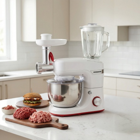 Robot de bucatarie Heinner HPM-1000WH, 1000W, miscare planetara, accesoriu masina de tocat si blender, bol 5.5 L, 10 viteze + pulse, Alb - Img 12