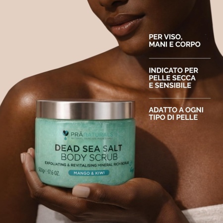 Scrub de Corp Exfoliant cu Sare de la Marea Moartă PraNaturals Mango și Kiwi 500 g, 100% Organic, Infuzat cu Uleiuri Naturale de Migdale Dulci și Grâu, Vegan, pentru Piele Catifelată și Revitalizată - Img 2