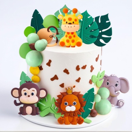 Set 16 Toppere Tort Tematică Junglă / Safari Sage Green, Figurine Animale (Leu, Elefant, Maimuță, Girafă) și Frunze Tropicale, Decorațiuni Tort pentru Petrecere Copii, Botez și Baby Shower - Img 3