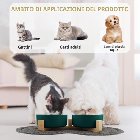 Set 2 Boluri din Ceramică pentru Pisici și Căței cu Suport din Lemn de Bambus, Capacitate 2 x 400 ml, Poziție Ergonomică Anti-Reflux, Verde - Img 6