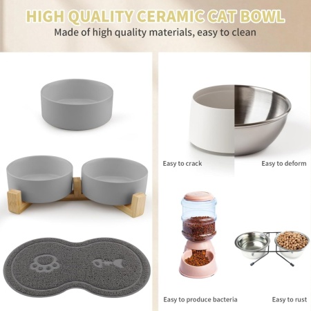 Set 2 Boluri din Ceramică pentru Pisici și Căței cu Suport din Lemn de Bambus, Capacitate 2 x 400 ml, Poziție Ergonomică Anti-Reflux, Gri - Img 2