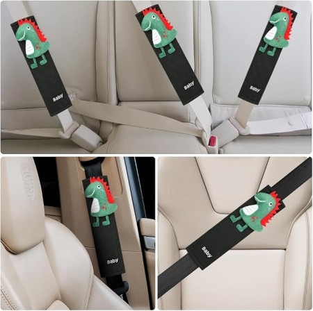 Set 2 protectii pentru centura auto Typec, perne moi pentru umar cu model dinozaur, reglaj confort centura siguranta copii, Verde + Rosu - Img 3