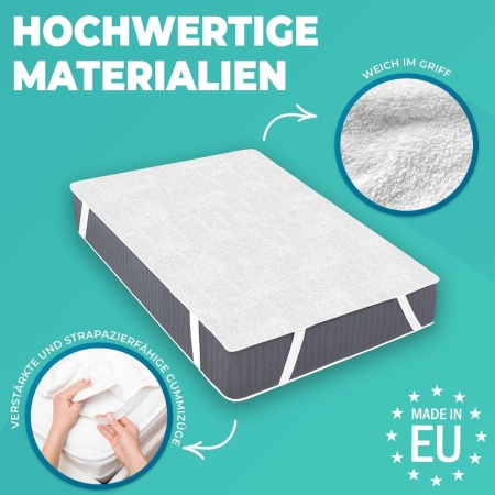 Set 2 Protecții Saltea Impermeabile 160 x 200 cm din Bumbac, Husă / Aleză de Pat cu 4 Elastice de Fixare pe Colțuri, Barieră Anti-Acarieni, Protecție Incontinență și Lichide pentru Copii și Adulți, Lavabilă la Mașină - Img 9