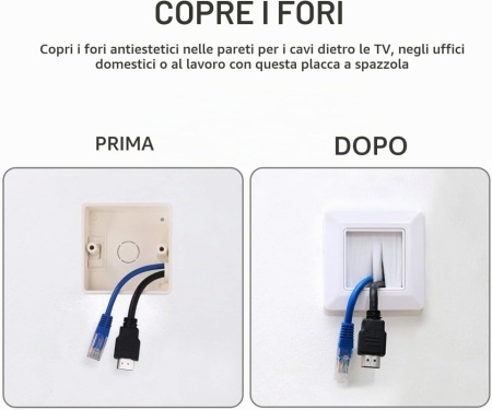 Set 2 Treceri de Cablu cu Perie kwmobile, Mască Pătrată 80 x 80 mm pentru Perete și Birou, Inserție Perie 50 x 50 mm, Organizator Cabluri TV, PC și Electrocasnice, Alb - Img 5