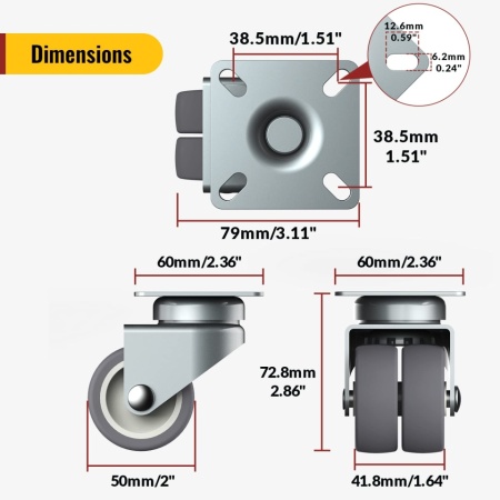 Set 4 Roți Pivotante pentru Mobilier HOLKIE Heavy Duty 50mm, Cu Frână, Capacitate Totală 400 kg (2 cu Frână și 2 fără) - Img 6