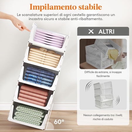 Set 5 Cutii Modulare de Depozitare cu Sertar Lifewit, Capacitate 24L per Unitate, Sistem Suprapozabil Anti-Cădere, Organizator Haine și Dressing, Alb - Img 6
