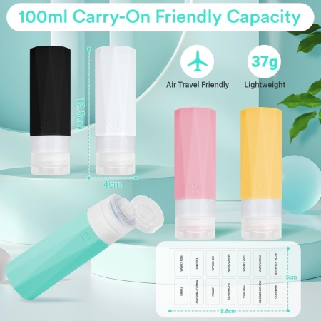 Set 5 Recipiente de Călătorie din Silicon, Sticluțe Refolosibile 100 ml 100% Etanșe cu Geantă de Depozitare, pentru Șampon și Cosmetice - Img 7