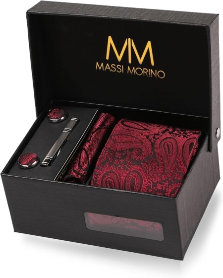 Set Elegant 5 în 1 Masino Morino pentru Bărbați: Cravată, Batistă de Buzunar, Butoni și Ac de Cravată, Cutie Premium de Cadou - Img 5