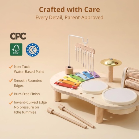 Set Muzical Complet de Tobe și Instrumente din Lemn pentru Copii 1-3 Ani Typec Home, Centru de Activități Sonore Montessori cu Xilofon, 2 Tobe, Chimval din Alamă, Clopoței de Vânt și Zornăitoare - Img 6
