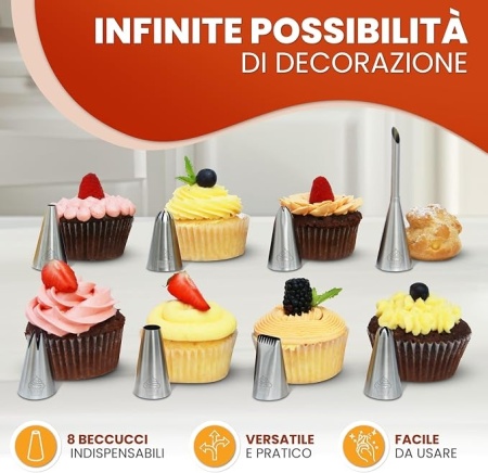 Set poș reutilizabil pentru decorat torturi și prăjituri (11 piese), sac din bumbac 35 cm, duiuri/șprițuri din inox, adaptor și cutie cadou - Img 4