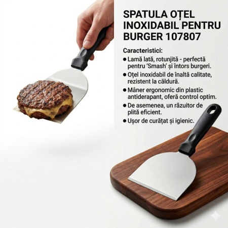 Spatulă Profesională pentru Burgeri, Oțel Inoxidabil, Lamă Lată și Mâner Ergonomic, Model BBQ 107807 - Img 3