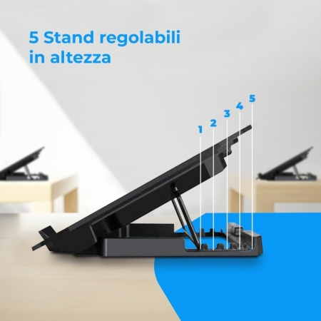 Stand / Cooler pentru Laptop NK cu 2 Ventilatoare Silențioase LED (12 - 17 Inch), 5 Nivele de Înălțime Ajustabile, 2 Porturi USB și Funcție de Răcire Rapidă, Negru - Img 2