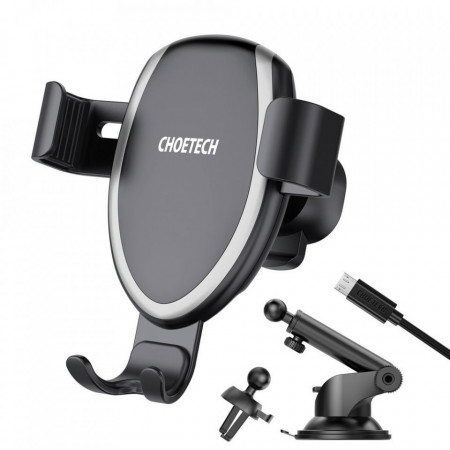 Suport auto cu incarcare wireless Choetech Qi 10W Gravity + Clip pentru prindere ventilatie + Cablu de 1.2m Micro USB Black (T536-S) - Img 5