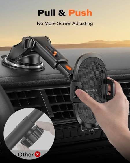 Suport Auto pentru Telefon APPS2Car, Fixare cu Ventuză Gel și Pad Adeziv 3M pe Parbriz sau Bord, Braț Telescopic Reglabil, Rotație 360°, Buton Quick-Release, Compatibil 4.7 - 6.8 Inch, Negru - Img 7