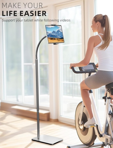 Suport de Podea Reglabil pentru Tabletă și Telefon LanPavilion, Braț Flexibil Tip Gât de Lebădă 40 cm, Rotație 360°, Bază Metalică Stabilă și Grea (1.8 kg), Compatibil 4.7–12.9 Inch, Negru - Img 7