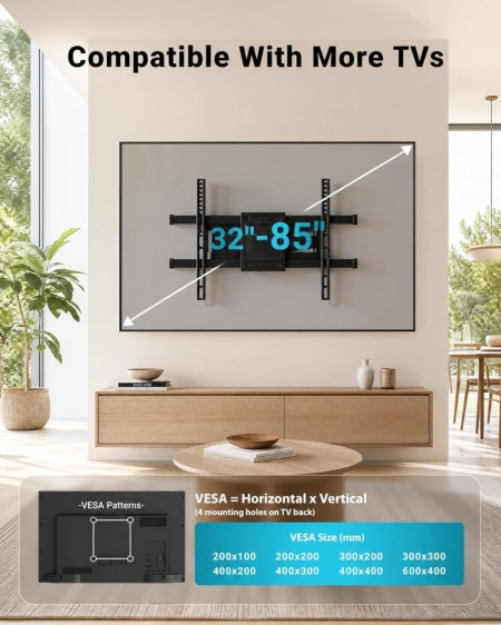 Suport TV de Perete Full Motion Typec Home pentru Televizoare de 37-85 Inch, Braț Dublu Heavy Duty, Rotire și Înclinare (Până la 60 kg / 132 lbs) - Img 9
