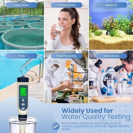 Tester digital 5 in 1 pentru apa si piscine cu electroliza de sare, masurare pH, Salinitate, TDS, EC si Temperatura, ecran LCD iluminat, pentru piscina, jacuzzi, acvariu si hidroponie - Img 5