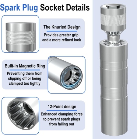 Trusă Chei Magnetice pentru Bujii 14 mm și 16 mm (9/16" și 5/8") cu Articulație Cardanică Rotativă 360°, Tubulare cu Pereți Subțiri din Oțel Crom-Vanadiu cu Profil în 12 Colțuri, Compatibile BMW, MINI, Nissan, Antrenare 3/8 Inch - Img 4